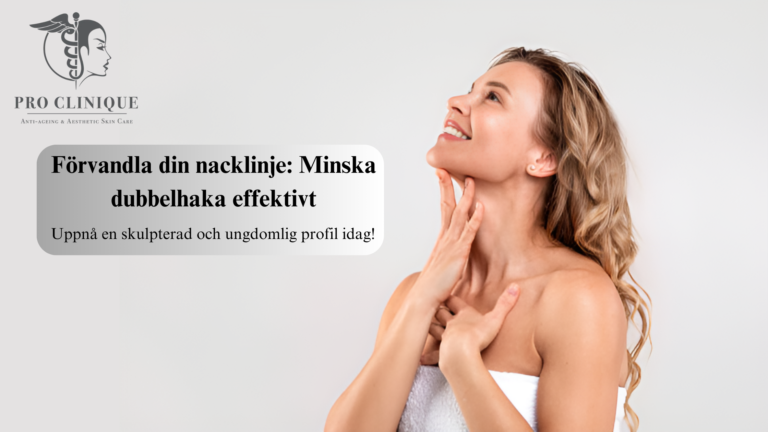 Professionell blogg-banner som visar en skulpterad och ungdomlig nacklinje med texten 'Förvandla din nacklinje: Minska dubbelhaka effektivt. Uppnå en skulpterad och ungdomlig profil idag!